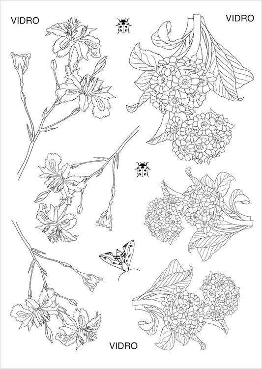 Flores e insetos para vidro - 8 folhas
