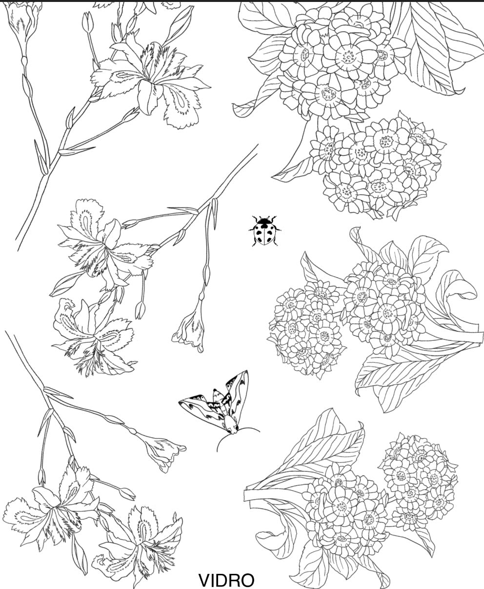 Flores e insetos para vidro - 8 folhas