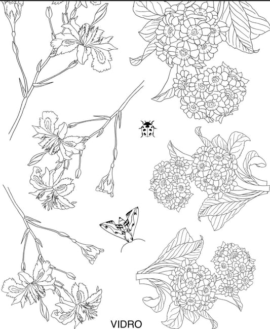 Flores e insetos para vidro - 8 folhas