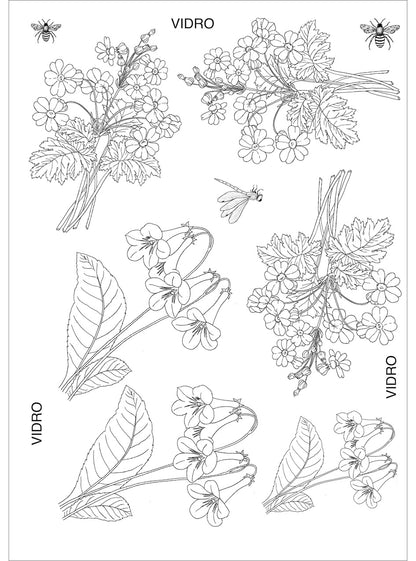 Flores e insetos para vidro - 8 folhas