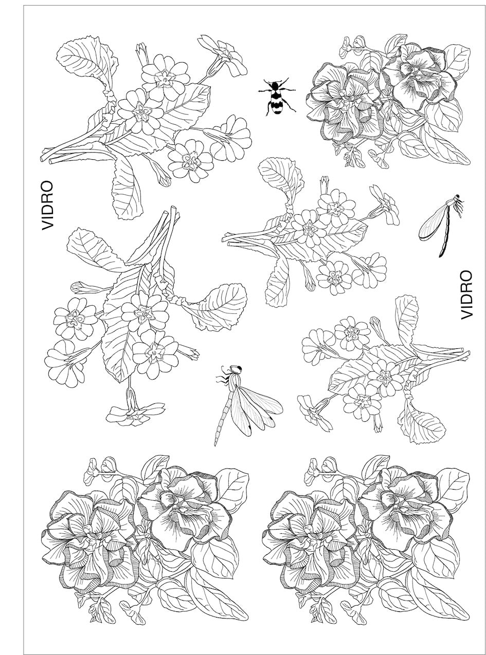 Flores e insetos para vidro - 8 folhas