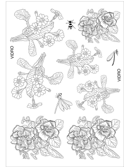 Flores e insetos para vidro - 8 folhas