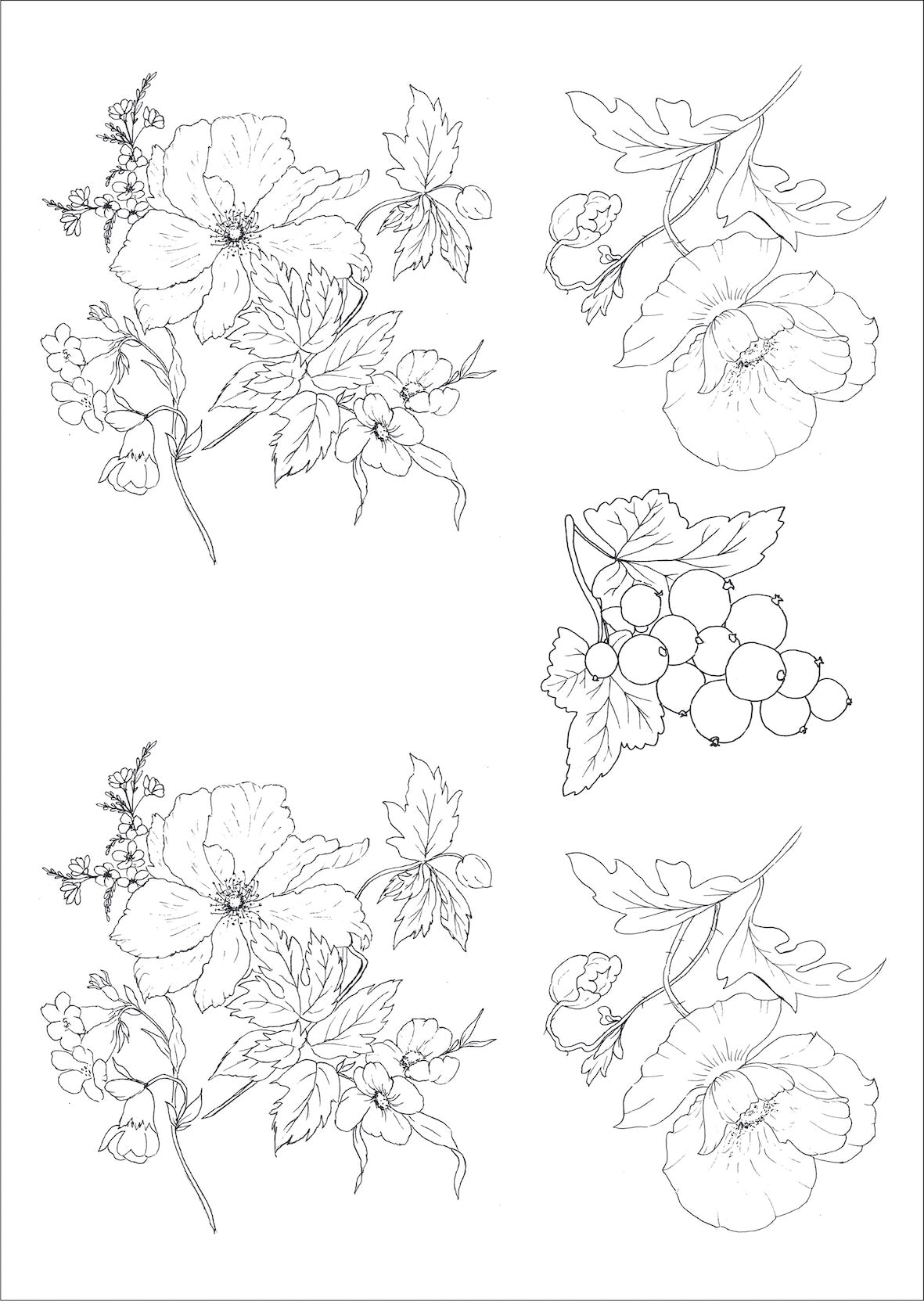 Flores antigas e frutinhas para vidro - 7 Folhas