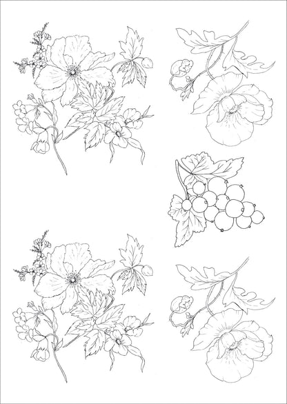 Flores antigas e frutinhas para vidro - 7 Folhas